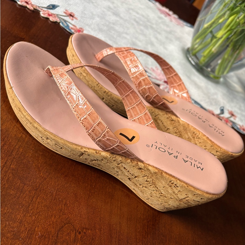 Mila Paoli pink croc cork wedge sandals